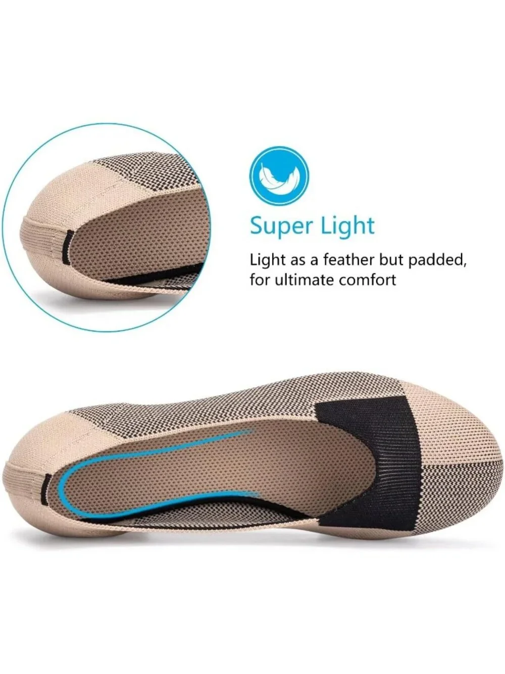 Women's Khaki Round Toe Knit Dress Low Wedge Slip On Ballerina Ballet Flat Shoes